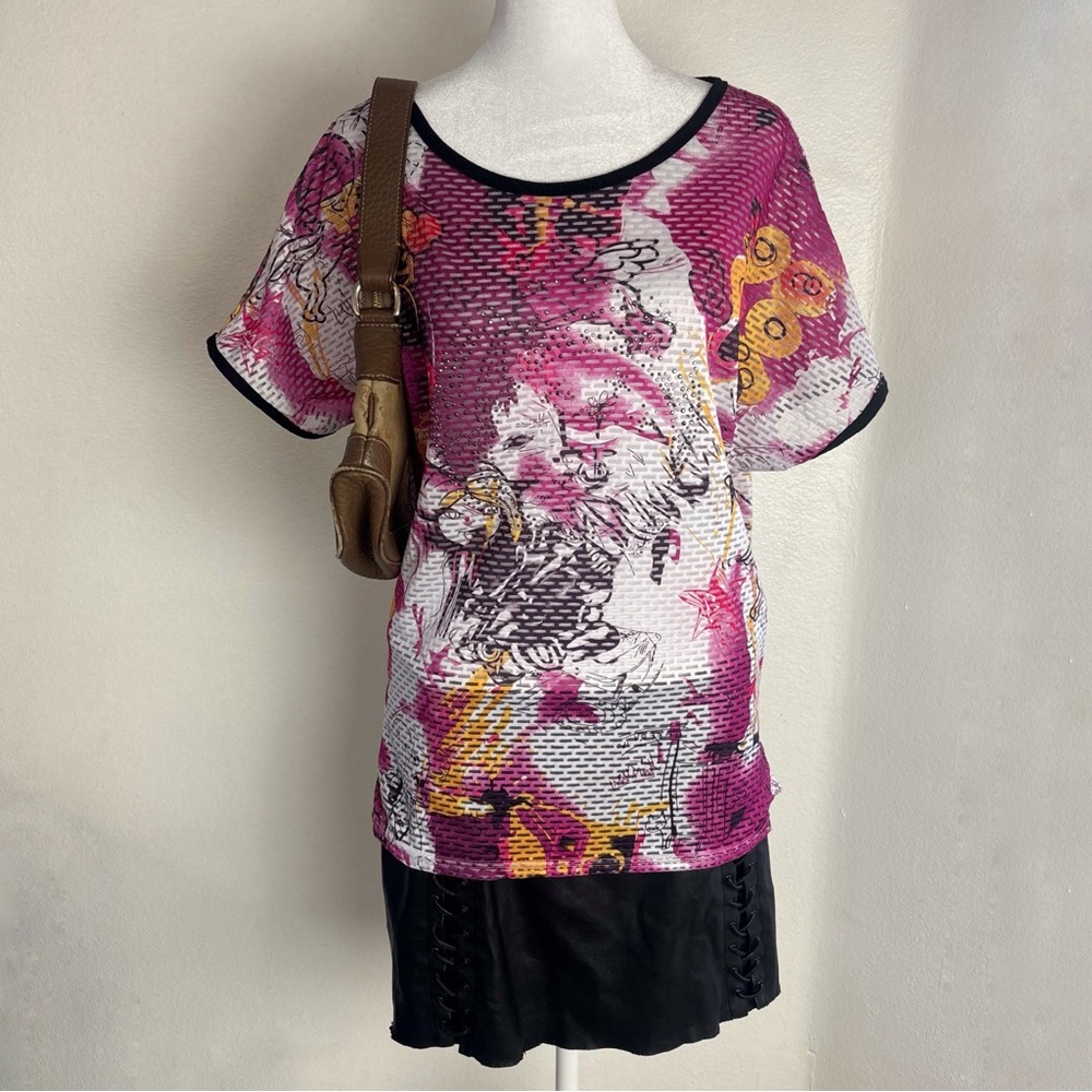 Sheer Graphic Mesh Rhinestone Top Pink Black Abstract Print Size M